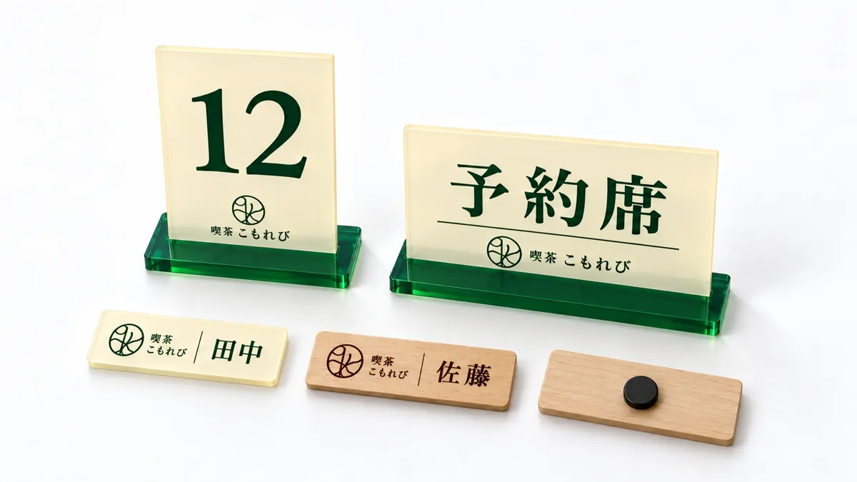 テーブル番号札・予約席プレート・スタッフ名札（木製・アクリル、裏面マグネット）のセット例
